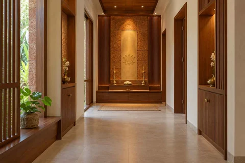 AI-generated puja room design concept: long gallery prayer room, malabar timber direction