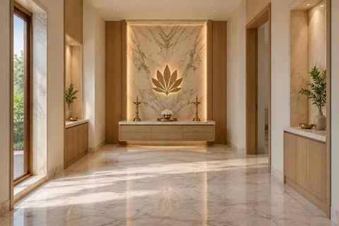 AI-generated puja room design concept: long gallery prayer room, marble restraint direction