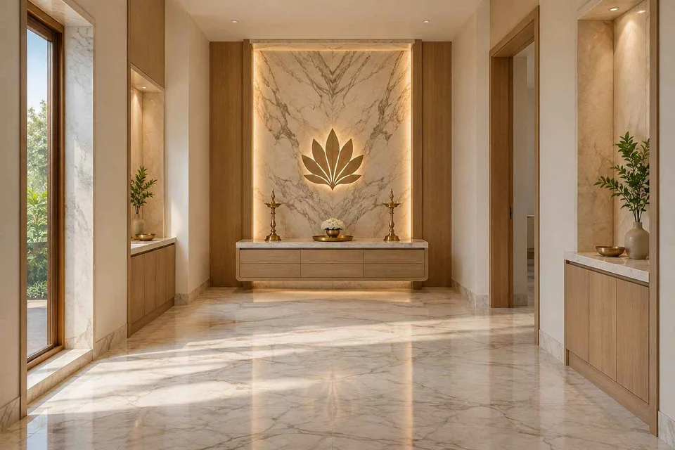 AI-generated puja room design concept: long gallery prayer room, marble restraint direction