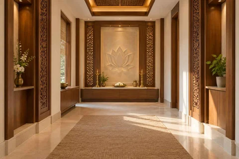 AI-generated puja room design concept: long gallery prayer room, modern carved direction