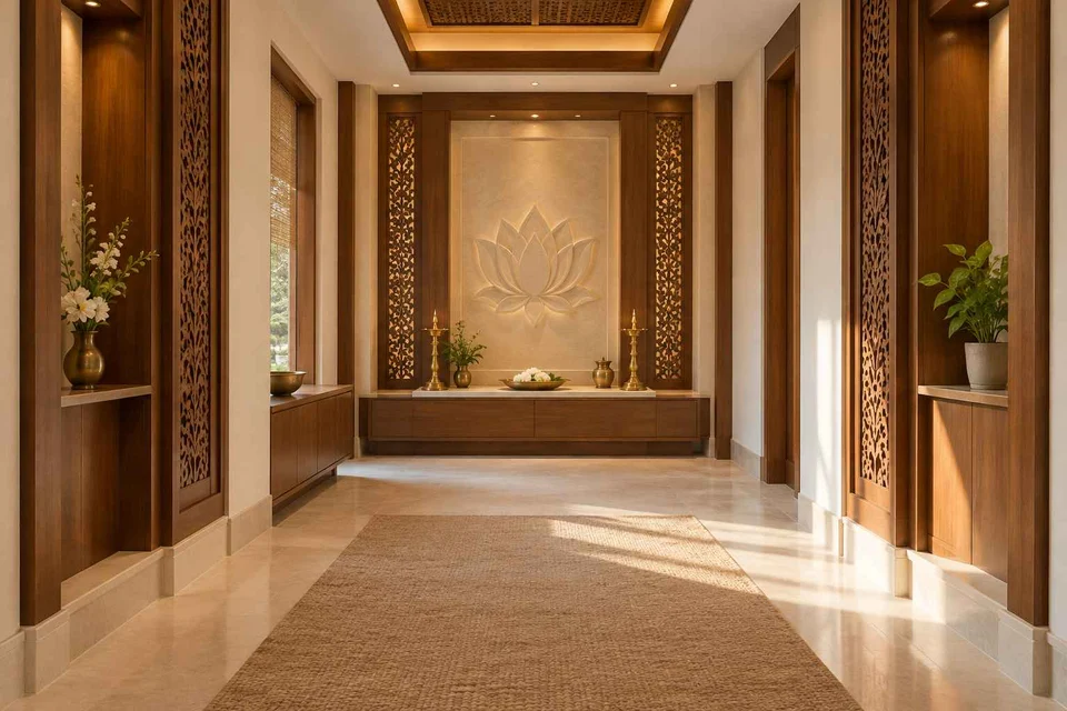 AI-generated puja room design concept: long gallery prayer room, modern carved direction