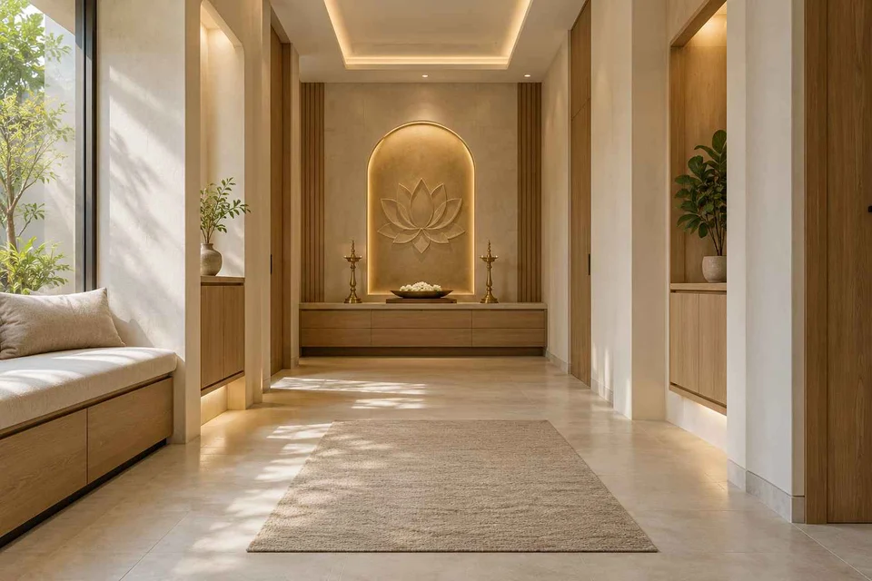 AI-generated puja room design concept: long gallery prayer room, quiet contemporary direction