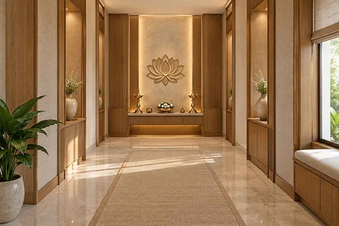 AI-generated puja room design concept: long gallery prayer room, quiet transitional direction