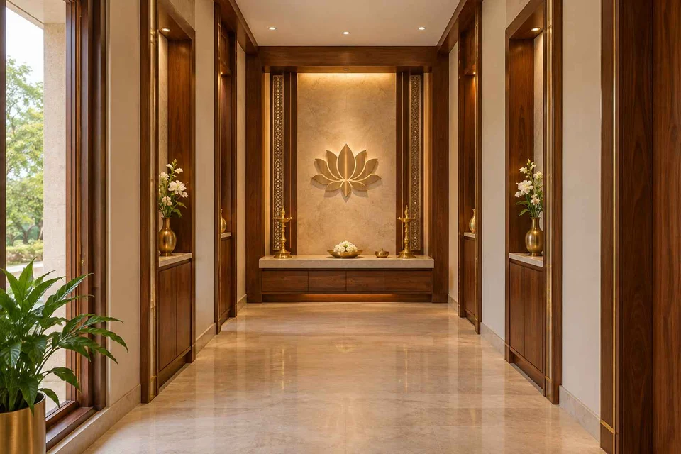 AI-generated puja room design concept: long gallery prayer room, rosewood brass direction