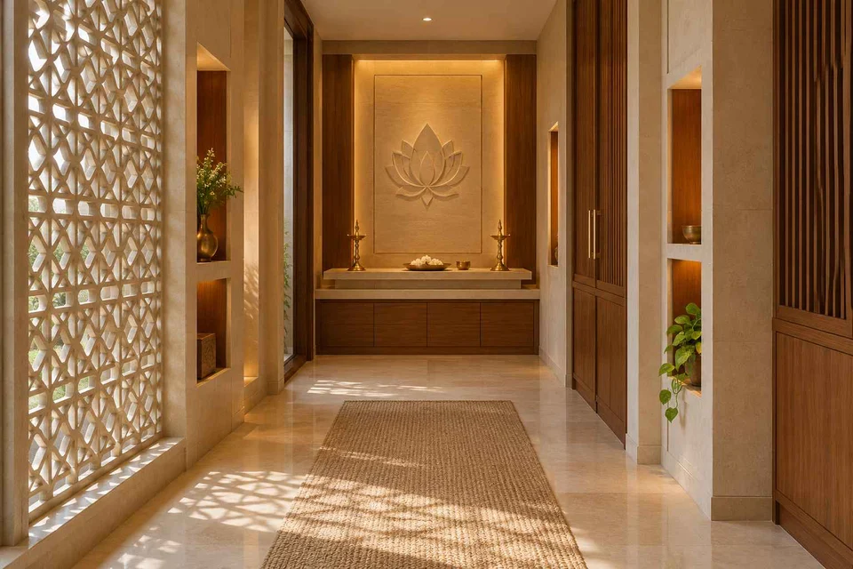 AI-generated puja room design concept: long gallery prayer room, sandstone lattice direction