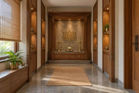 AI-generated puja room design concept: long gallery prayer room, teak craft direction