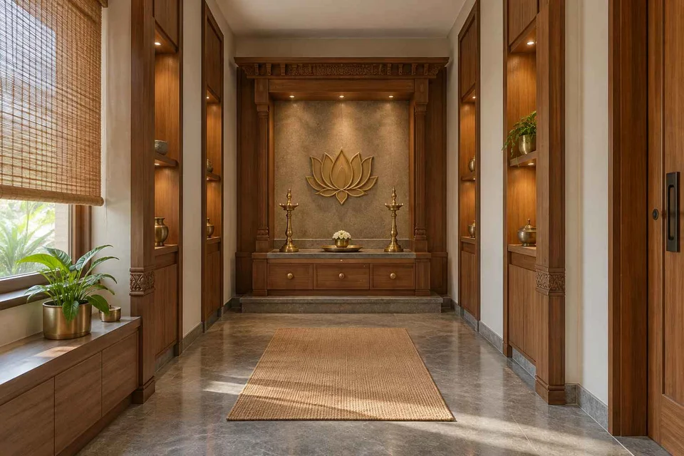 AI-generated puja room design concept: long gallery prayer room, teak craft direction