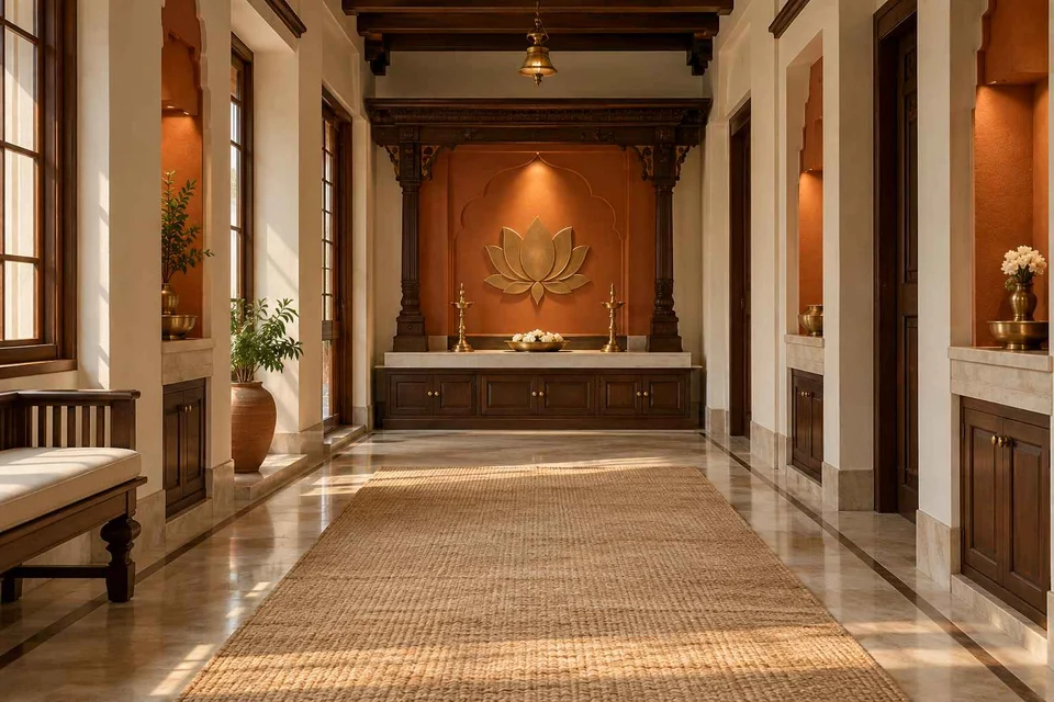 AI-generated puja room design concept: long gallery prayer room, terracotta heritage direction