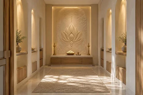 AI-generated puja room design concept: long gallery prayer room, textured mineral direction