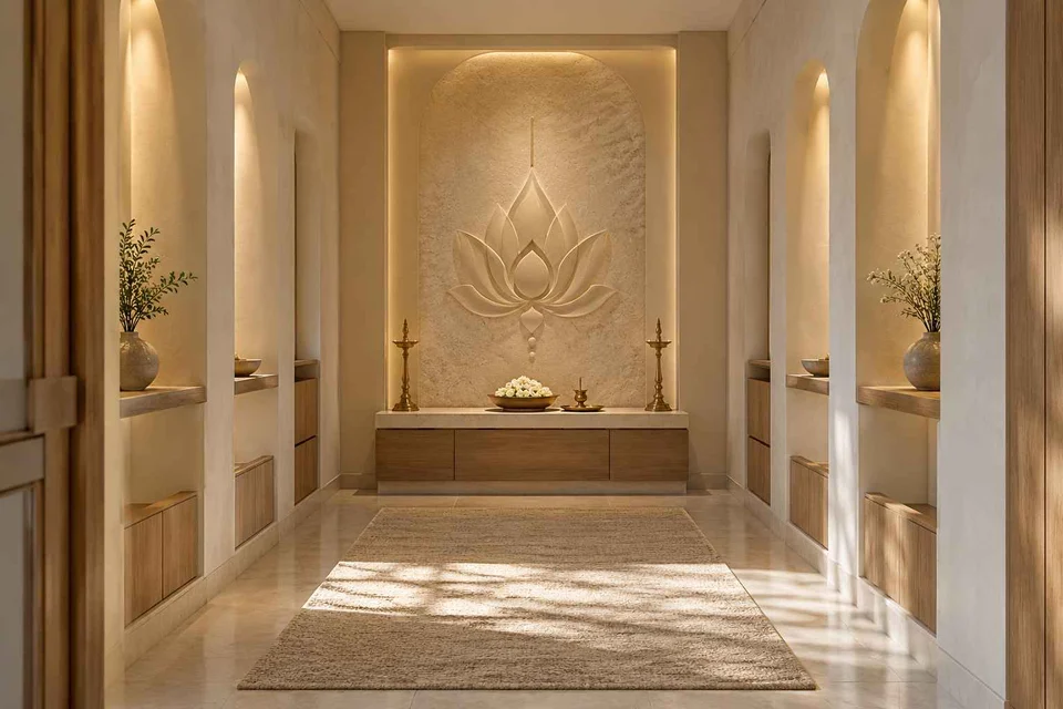 AI-generated puja room design concept: long gallery prayer room, textured mineral direction