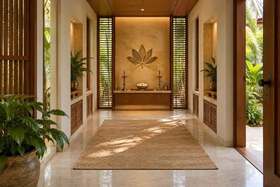 AI-generated puja room design concept: long gallery prayer room, tropical slatted direction