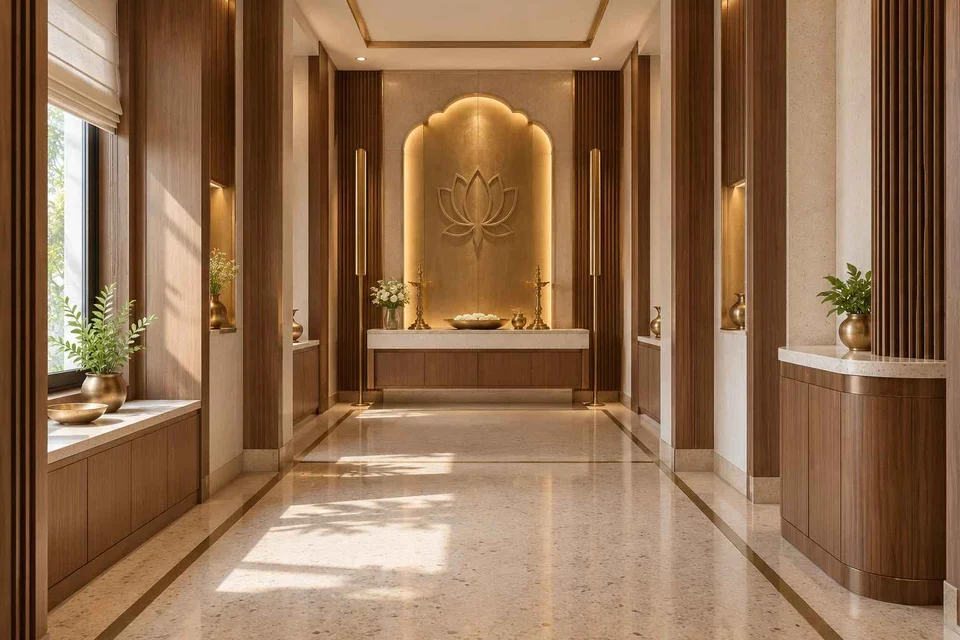 AI-generated puja room design concept: long gallery prayer room, urban deco direction