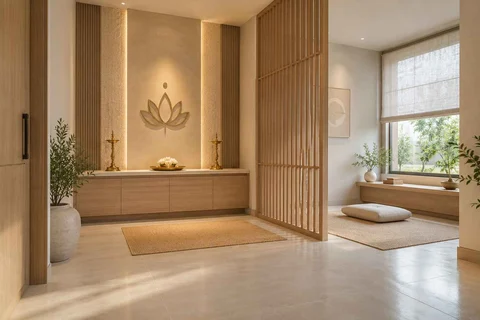 AI-generated puja room design concept: meditation and ritual suite, ash and linen direction
