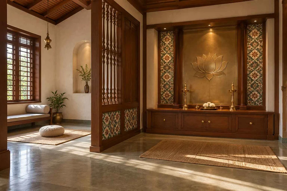AI-generated puja room design concept: meditation and ritual suite, chettinad tile direction