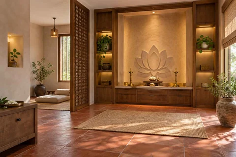 AI-generated puja room design concept: meditation and ritual suite, clay artisan direction