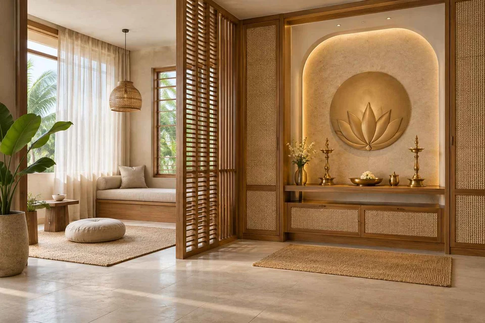 AI-generated puja room design concept: meditation and ritual suite, coastal woven direction