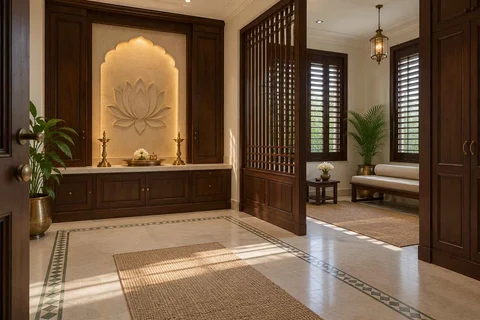 AI-generated puja room design concept: meditation and ritual suite, colonial quiet direction