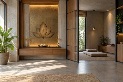 AI-generated puja room design concept: meditation and ritual suite, concrete and oak direction