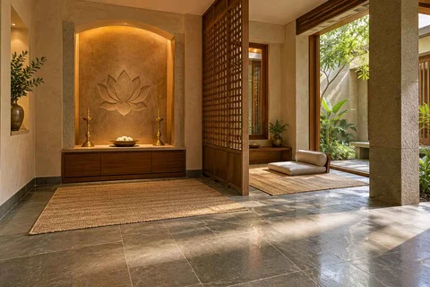 AI-generated puja room design concept: meditation and ritual suite, courtyard modern direction
