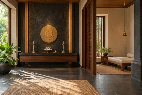 AI-generated puja room design concept: meditation and ritual suite, deccan stone direction