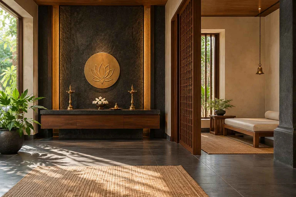 AI-generated puja room design concept: meditation and ritual suite, deccan stone direction