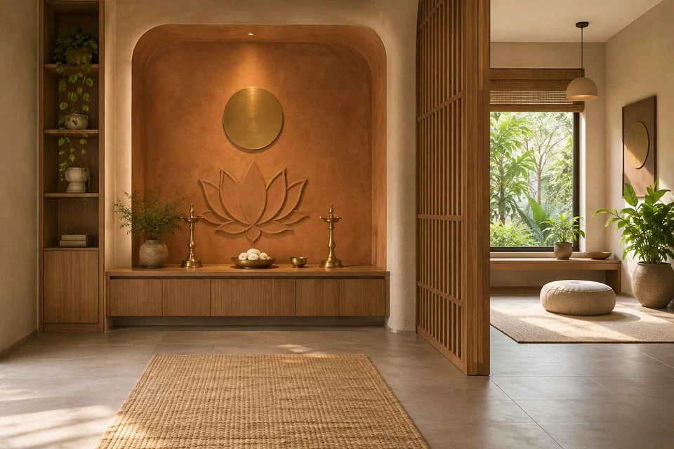 AI-generated puja room design concept: meditation and ritual suite, earth and bamboo direction