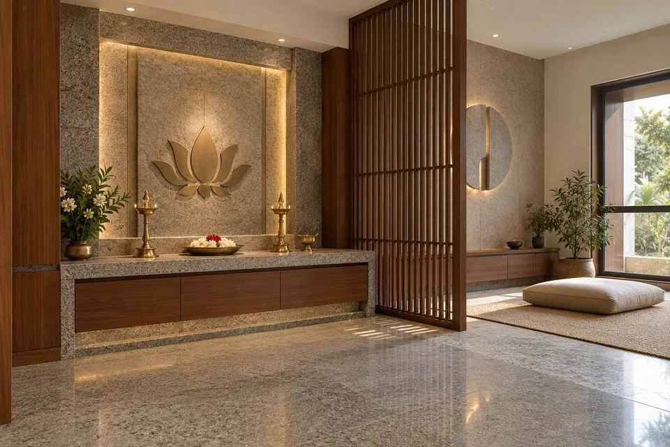 AI-generated puja room design concept: meditation and ritual suite, granite precision direction