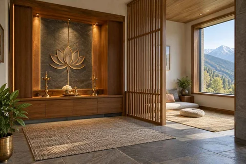 AI-generated puja room design concept: meditation and ritual suite, hill timber direction