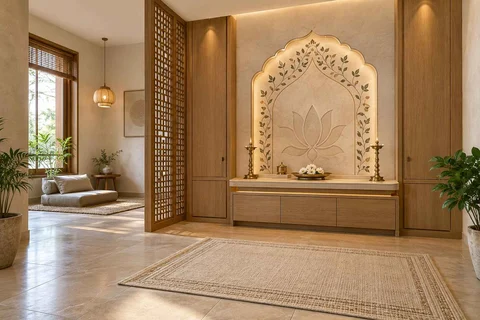 AI-generated puja room design concept: meditation and ritual suite, inlay atelier direction