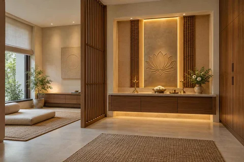 AI-generated puja room design concept: meditation and ritual suite, lime and walnut direction
