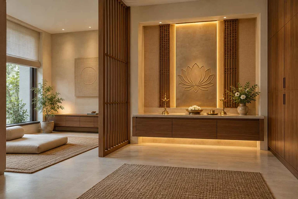 AI-generated puja room design concept: meditation and ritual suite, lime and walnut direction