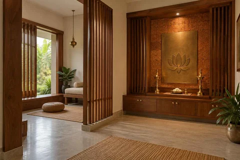 AI-generated puja room design concept: meditation and ritual suite, malabar timber direction