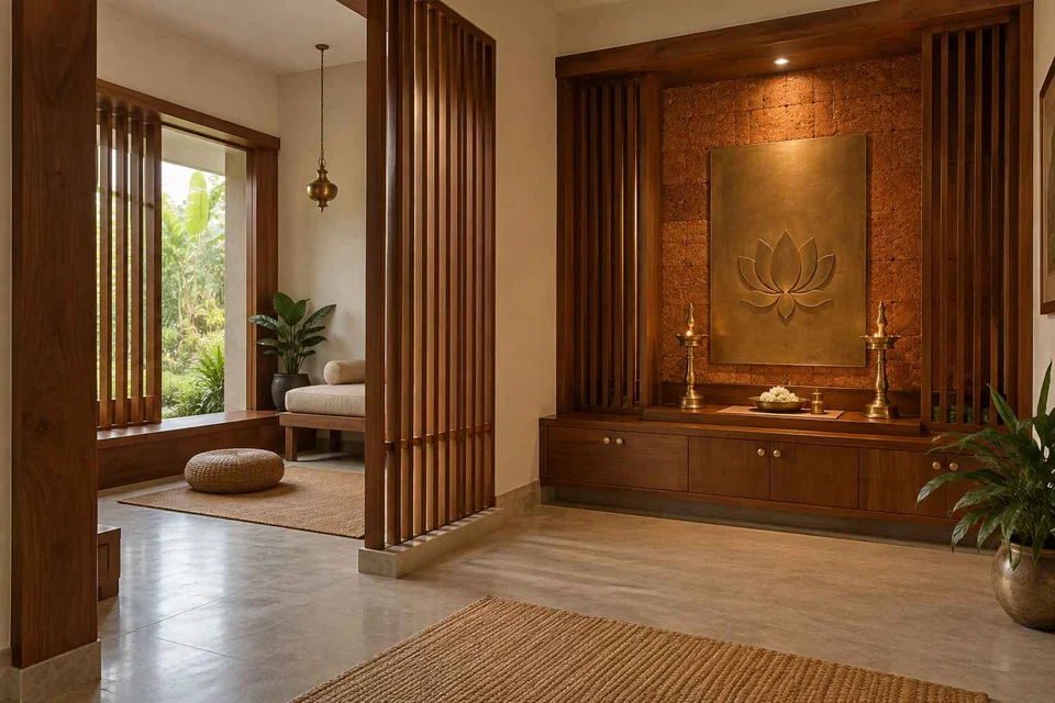 AI-generated puja room design concept: meditation and ritual suite, malabar timber direction