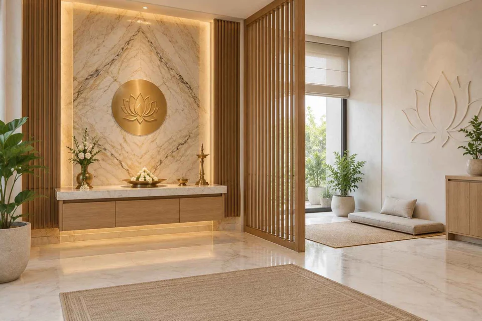 AI-generated puja room design concept: meditation and ritual suite, marble restraint direction