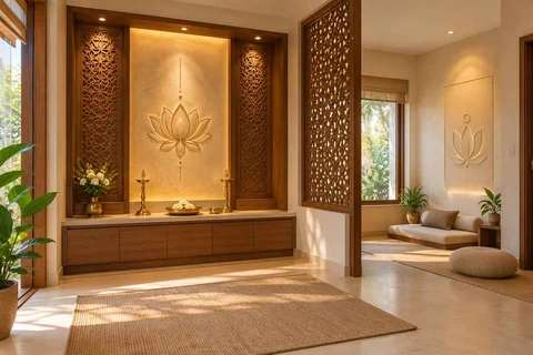 AI-generated puja room design concept: meditation and ritual suite, modern carved direction