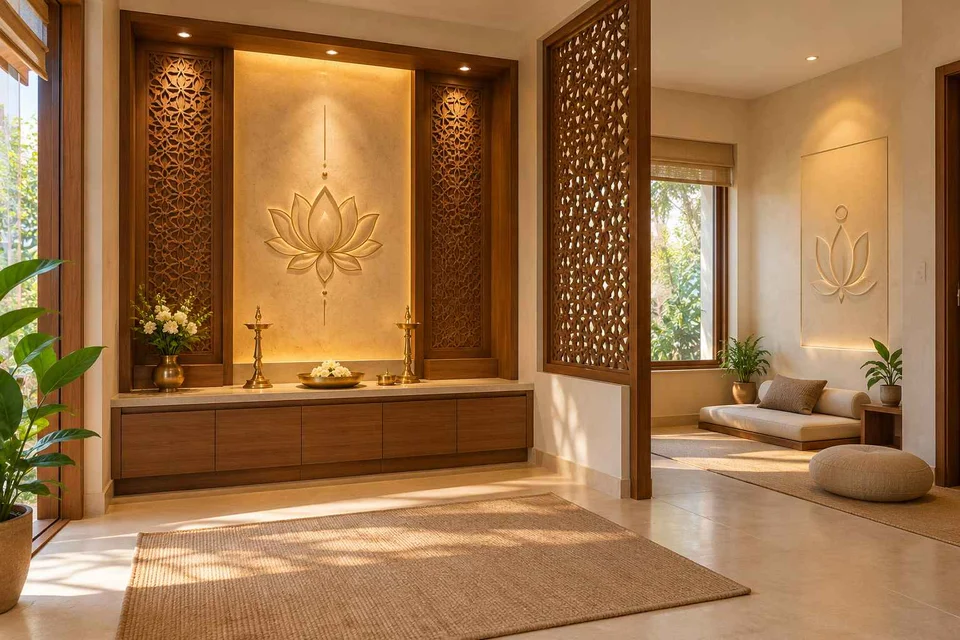 AI-generated puja room design concept: meditation and ritual suite, modern carved direction