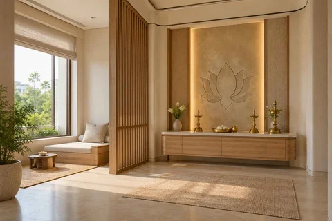 AI-generated puja room design concept: meditation and ritual suite, quiet contemporary direction