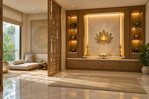AI-generated puja room design concept: meditation and ritual suite, quiet transitional direction