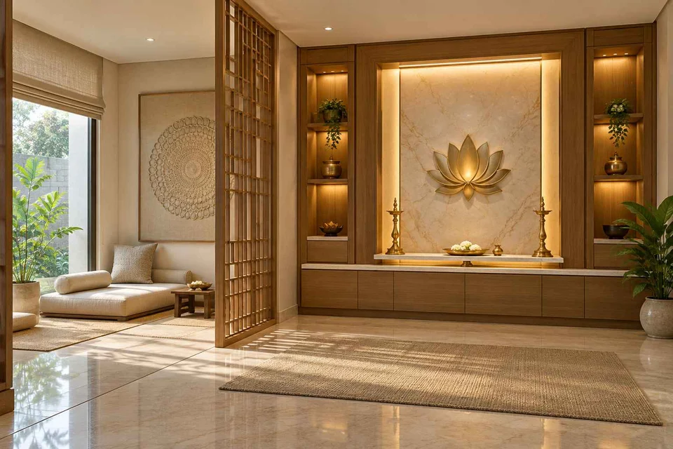 AI-generated puja room design concept: meditation and ritual suite, quiet transitional direction