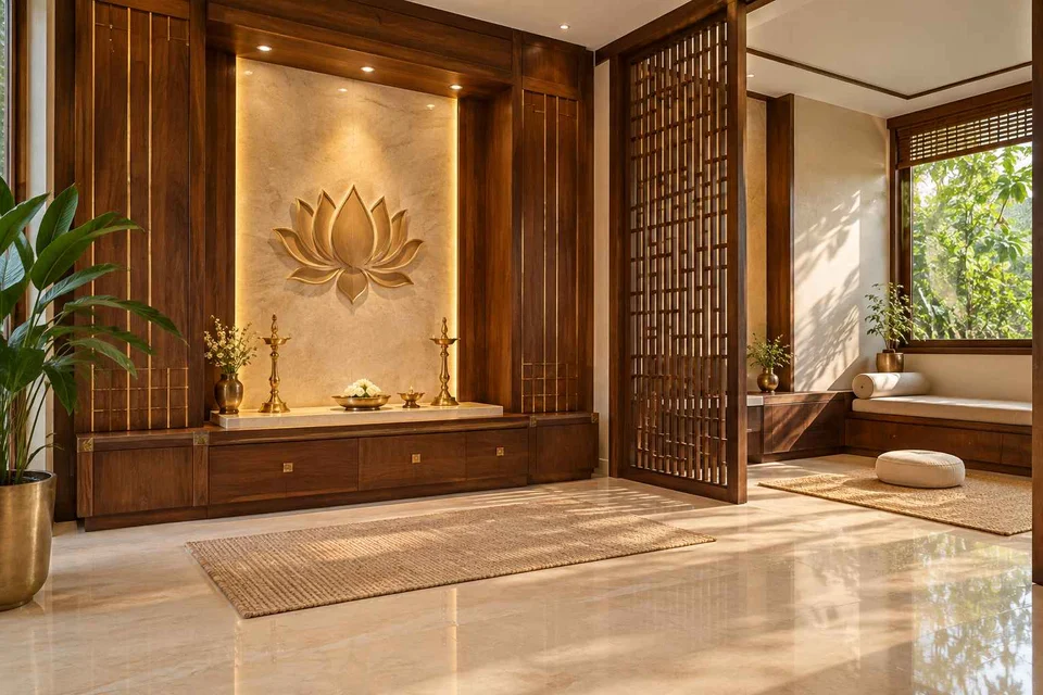 AI-generated puja room design concept: meditation and ritual suite, rosewood brass direction
