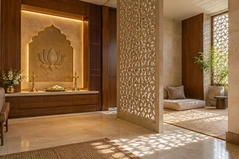 AI-generated puja room design concept: meditation and ritual suite, sandstone lattice direction