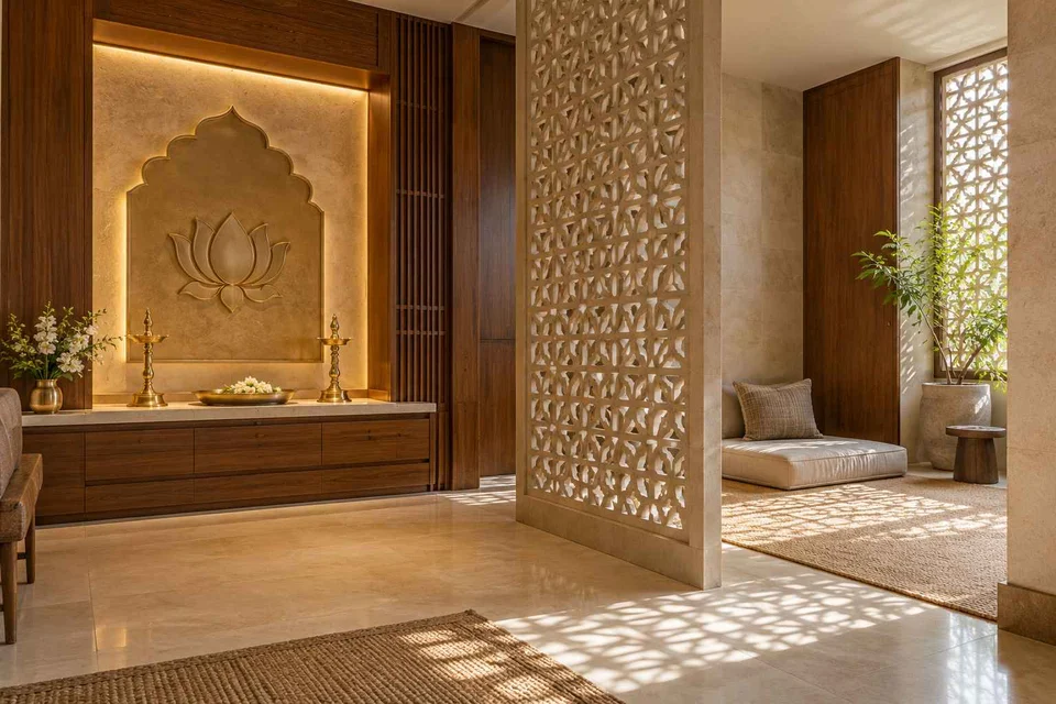 AI-generated puja room design concept: meditation and ritual suite, sandstone lattice direction