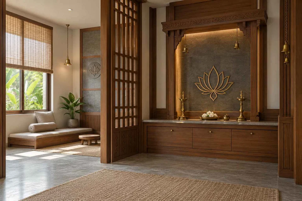 AI-generated puja room design concept: meditation and ritual suite, teak craft direction