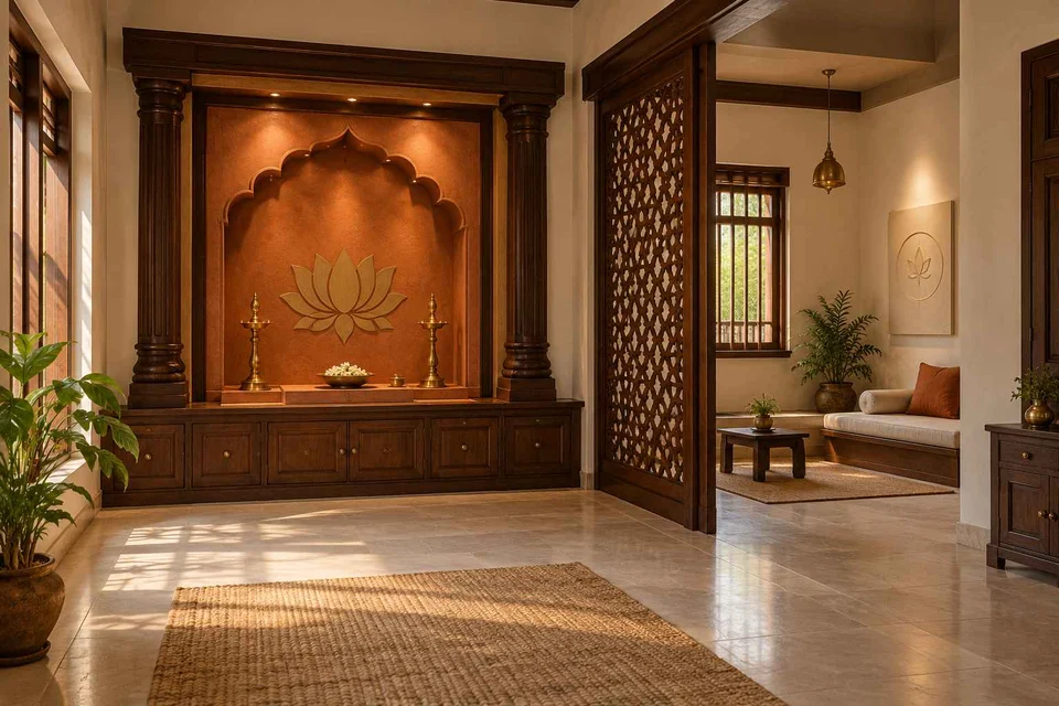 AI-generated puja room design concept: meditation and ritual suite, terracotta heritage direction