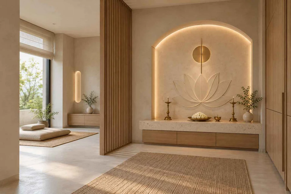 AI-generated puja room design concept: meditation and ritual suite, textured mineral direction