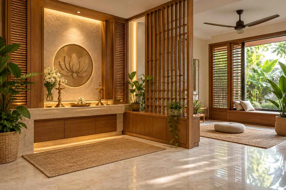 AI-generated puja room design concept: meditation and ritual suite, tropical slatted direction
