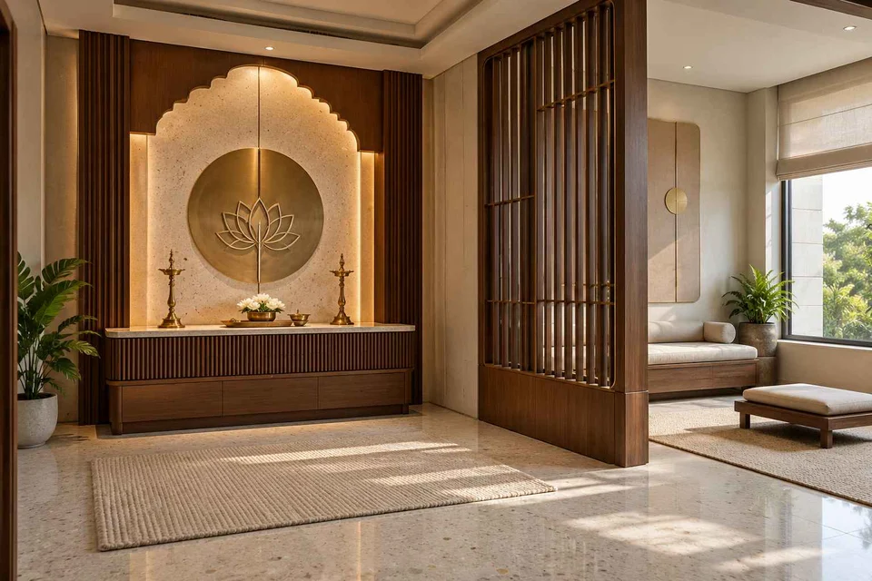 AI-generated puja room design concept: meditation and ritual suite, urban deco direction