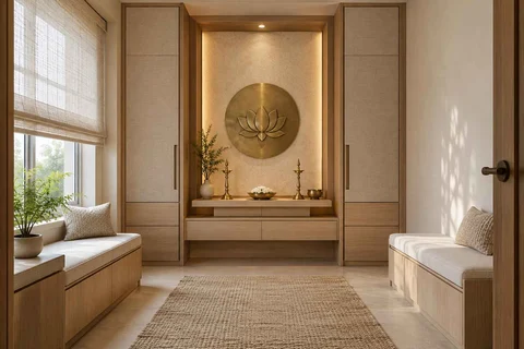 AI-generated puja room design concept: paired storage prayer room, ash and linen direction