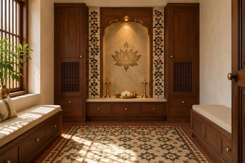 AI-generated puja room design concept: paired storage prayer room, chettinad tile direction