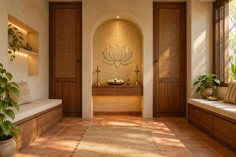 AI-generated puja room design concept: paired storage prayer room, clay artisan direction